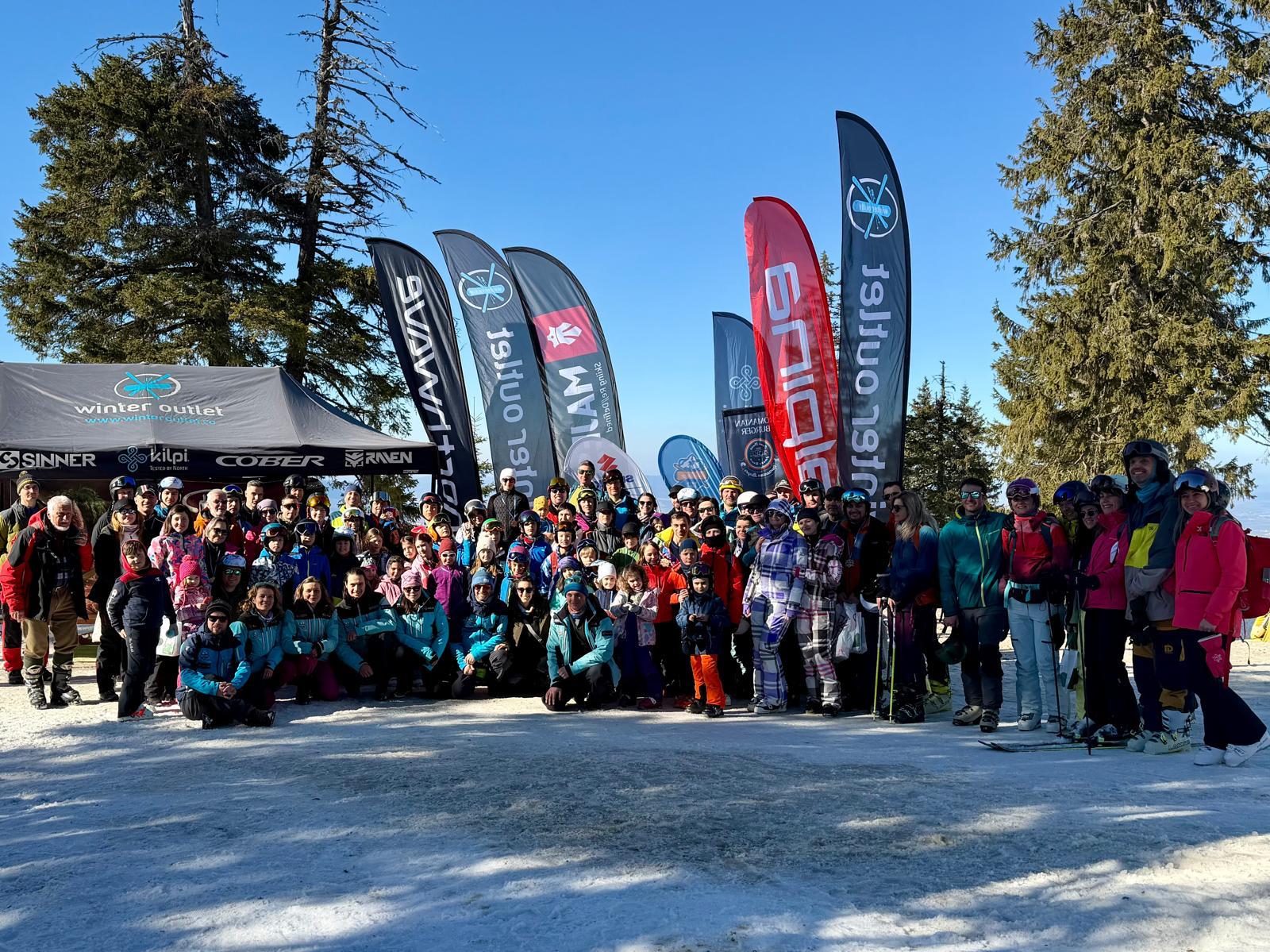 Children, families and organizers gathered at a ski race