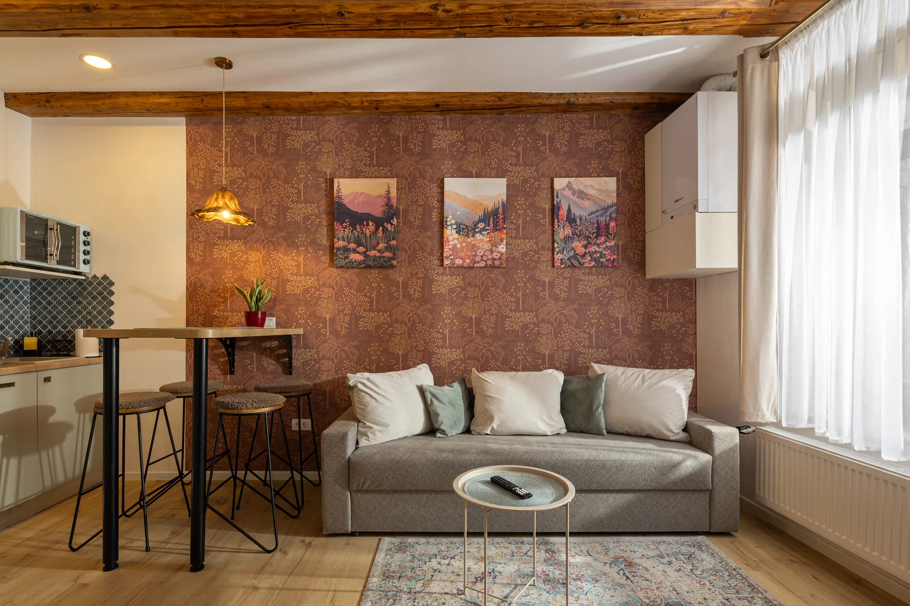 Warm restored interior with old timber beams